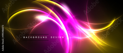 Abstract vibrant curves, glowing lines. Dark background emphasizes bright pink, yellow energy. Modern design element, dynamic composition.