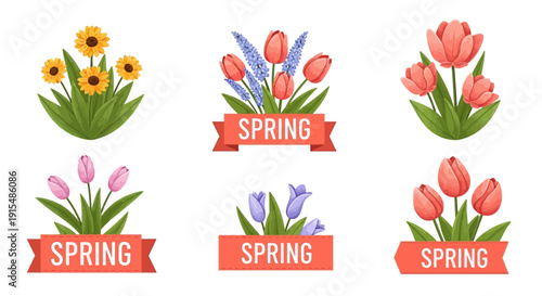 Vibrant spring flowers in colorful illustrations with orange banners