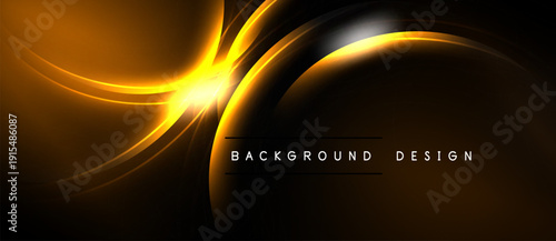 Abstract golden light curves radiate from central point. Dark background enhances luminous effect. Text reads background design.