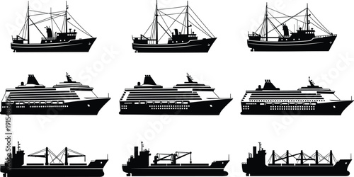 Cargo Ships and Cruise Liners Silhouettes Maritime Transport Vessel Collection Vector Illustration Isolated on White Background
