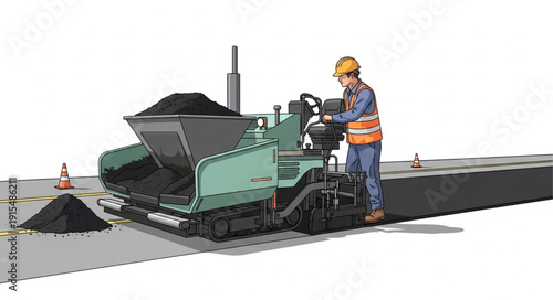 Construction Worker Operating Road Paver.