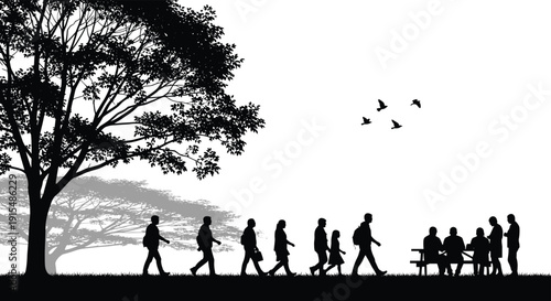 Black silhouette of people walking in a public park with large trees and birds while a group sits at a picnic table outdoors.