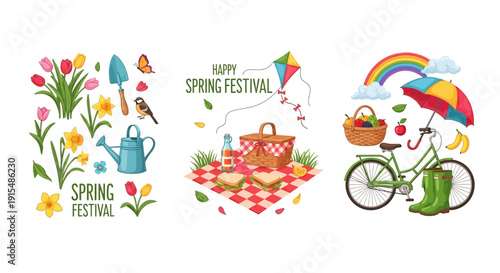 Vibrant spring festival scene with flowers, picnic, and bicycle