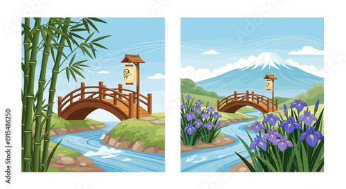 Serene Japanese landscapes with bridges and vibrant flowers