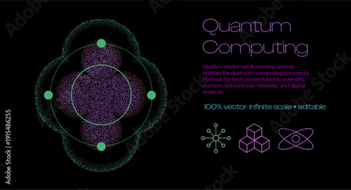 Vibrant vector illustration showcasing a symmetrical quantum-inspired atomic structure with layered orbital-like rings and clustered particle clouds in neon purple, green, and cyan tones.