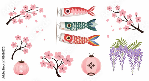 Vibrant Japanese koi fish kite decorations with cherry blossoms