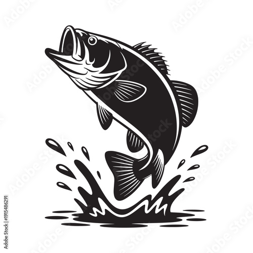 A striking black and white illustration of a leaping largemouth bass fish