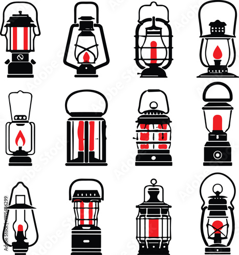 Vintage oil lantern silhouette set, classic camping lamps collection, retro kerosene lantern icons, antique lighting equipment illustration bundle
