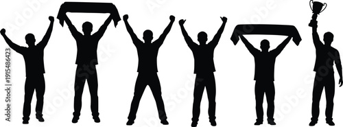 Black silhouettes of sports fans and athletes celebrating victory holding a trophy and scarves isolated on white background for championship and winning concepts.