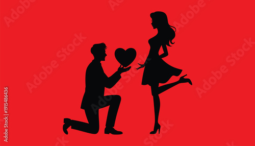 Romantic Proposal Silhouette of Man Giving Heart to Woman Vector Illustration.