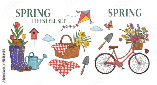 Vibrant spring lifestyle set with flowers, bike, and gardening tools