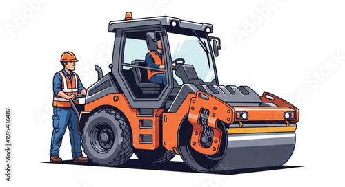 Construction Worker Operating Road Roller.
