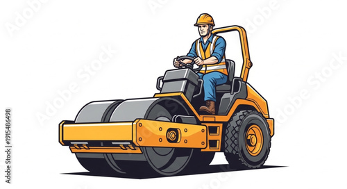 Construction Worker Operating Road Roller.