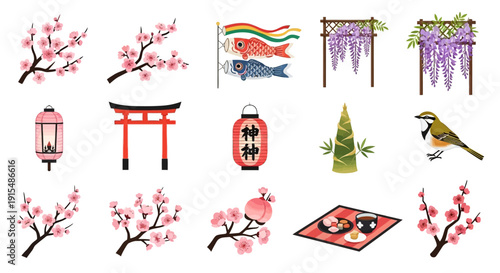 Vibrant Japanese cultural symbols and nature elements in elegant illustration