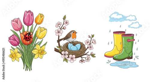 Vibrant spring flowers, bird's nest with eggs, and colorful rain boots