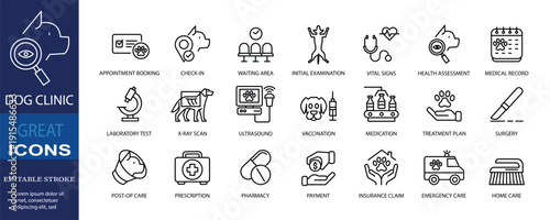 Set of icons for dog clinic. Editable stroke. Vector illustration	
