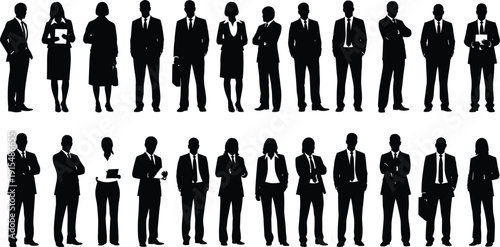 Professional business people silhouettes set featuring men and women in corporate suits, standing, posing with laptops, and briefcases for office teamwork and leadership concepts.