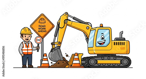 Construction Worker Operating Excavator Machine.