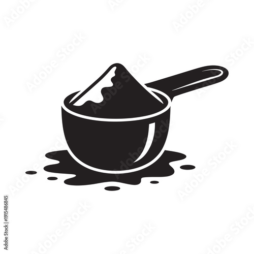 Black and white illustration of a measuring cup with spilled contents
