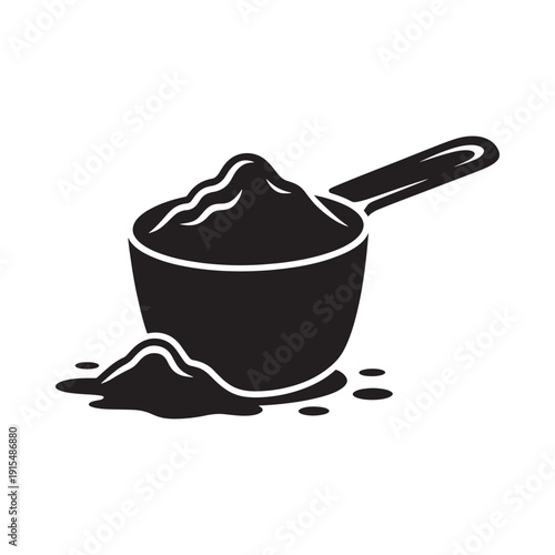 Black and white illustration of a scoop filled with powder and spilled granules