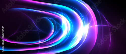 Abstract swirls, vibrant colors, luminous lines create dynamic energy. Purple, blue hues dominate dark background. Modern design.