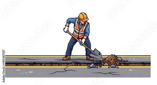 Construction Worker Operating Jackhammer on Road.