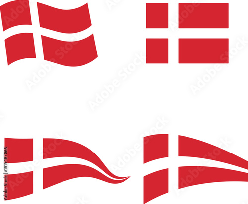 Set of stylized denmark flag illustrations in different waving styles