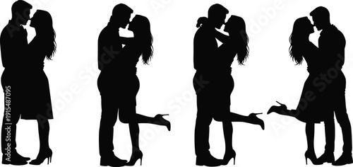 Romantic Couple Silhouettes Kissing in Love Passionate Embrace Valentine Relationship Vector Illustration Isolated on White Background