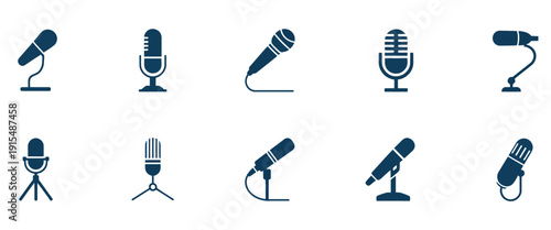 Dynamic Collection of Modern Microphone Icons for Broadcasting, Podcasting, and Live Performance Projects, Offering Versatile Audio Recording Solutions for Digital Media and Studio Design.