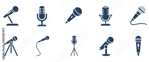 Dynamic Modern Microphone Icon Set, Featuring Studio, Podcast, and Live Performance Audio Equipment Symbols for Broadcasting, Recording Applications, and Creative Media Projects.