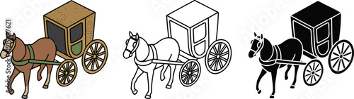 Vintage horse carriage silhouette & Outline and illustration set isolated on transparent background