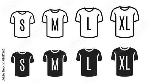 Minimalist tshirt size icons set featuring small medium large and extra large labels on white background