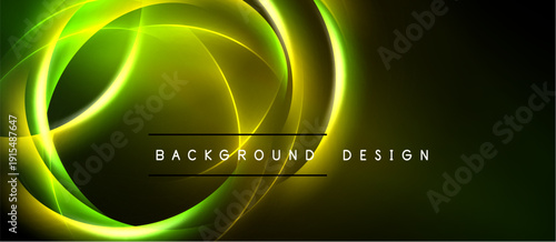 Dark backdrop features vibrant neon green curves. Circular shapes overlap creating dynamic visual effect. Text reads background design.