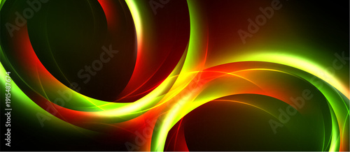 Abstract vibrant waves, red, green, yellow hues blend. Dynamic light creates flowing energy, dark background contrasts colors.