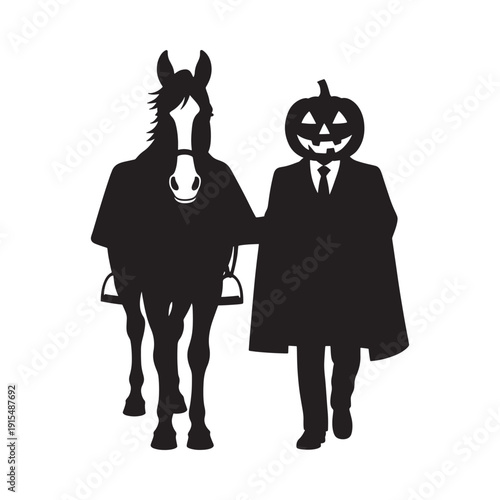 A headless horseman with a pumpkin head rides into the night