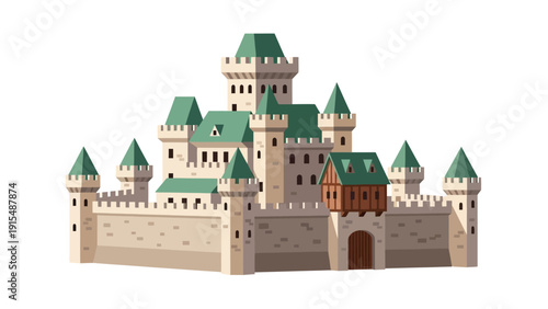 Fantasy Medieval Castle Fortress with Green Roofs and Towers, Illustration