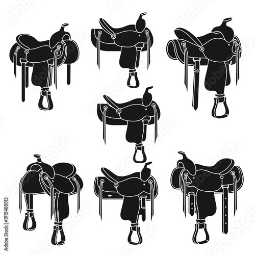 Set of Western Horse Saddles Silhouettes, Cowboy Gear Icons