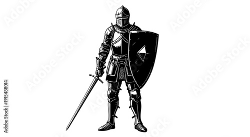 Medieval Knight in Full Armor Holding Sword and Shield.
