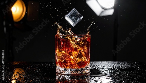Dramatic splash of golden whiskey in a crystal rocks glass with falling ice cubes on a dark reflective surface