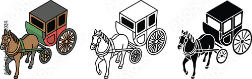 Vintage horse carriage silhouette & Outline and illustration set isolated on transparent background