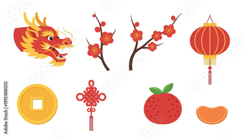 Chinese New Year Symbols: Dragon, Lantern, Coin, Orange, Plum Blossoms, Knot