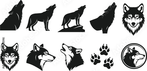 Collection of howling wolf silhouettes and wolf head icons including paw prints for wildlife nature wilderness hunting and animal logo designs