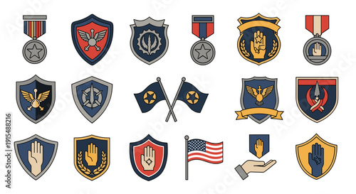 A collection of colorful military and patriotic icons including insignia shields, service medals, and the American flag for honor themes.