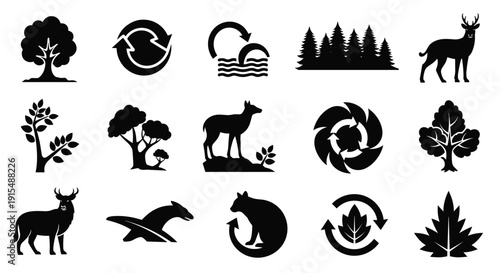 A collection of black silhouette icons representing nature, wildlife, and environmental conservation concepts isolated on white background.