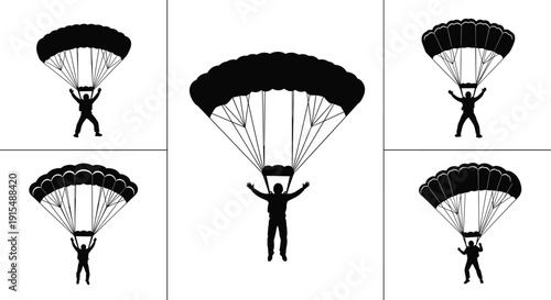 Skydiver Parachute Silhouette Set Featuring Paratrooper Landing Extreme Adventure Sport Vector Illustration Collection