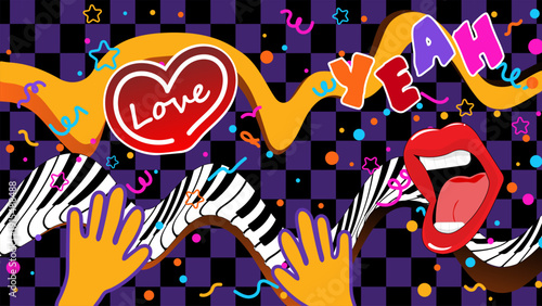 Vibrant psychedelic vector illustration featuring piano keys, a red heart, open lips, and "Yeah" text in retro style.