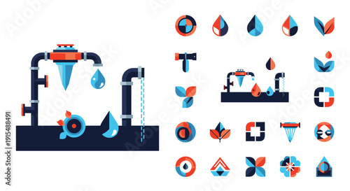 A modern icon set and diagram illustrating a water filtration system, using bold geometric shapes and a clean, graphic style.