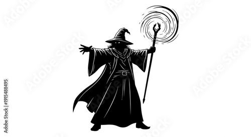 Mysterious Wizard Casting Spell with Magical Staff Silhouette.