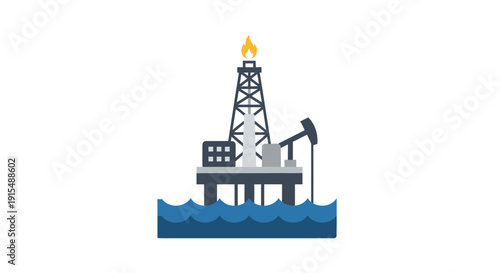 Offshore oil rig platform with derrick and pumpjack on blue water.