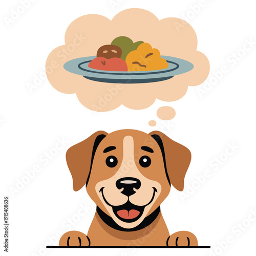 Dark shadow of canine head with dreaming expression imagining tasty meal flat vector design